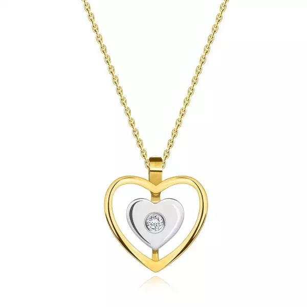 14K kombinált arany, gyémánt nyaklánc - szívecskék, kerek briliánsokkal