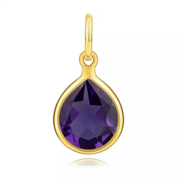 14K sárga arany medál - könnycsepp, lila kő, sima peremmel