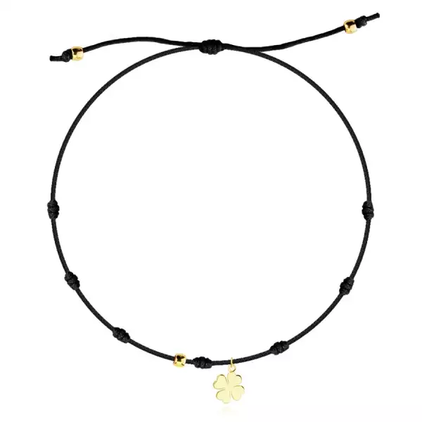 Állítható karkötő 585 arany medállal - négylevelű lóhere, fekete zsinóron