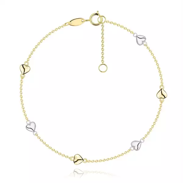 585 kombinált arany karkötő - sárga és fehér szívek sima felülettel