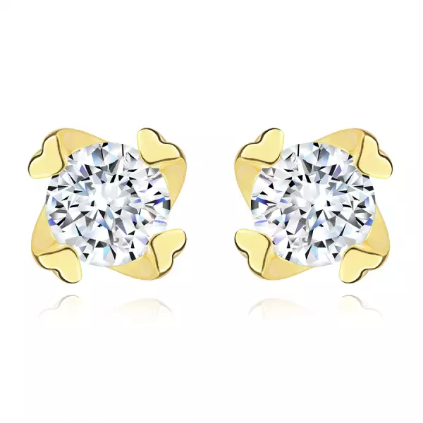  585 sárga arany fülbevaló - kerek cirkónia, szív alakú fogakkal 