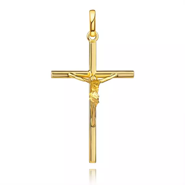 14K sárga arany medál - kereszt, keresztre feszített Krisztussal, szögletes vállakkal