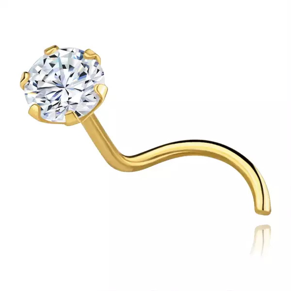 14K sárga arany ívelt orr piercing - kerek cirkónia, 0,6 mm