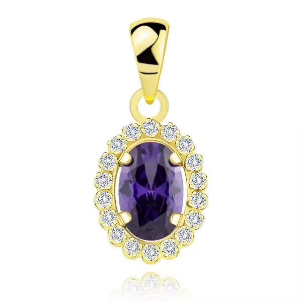 14K sárga arany medál - ovális lila cirkónia, átlátszó cirkóniás szegéllyel