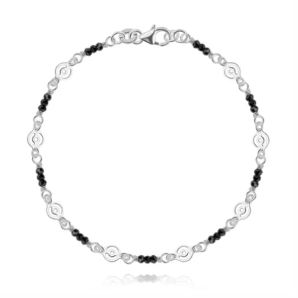 925 ezüst karkötő - fekete üveggyöngyök, szem és kör motívum