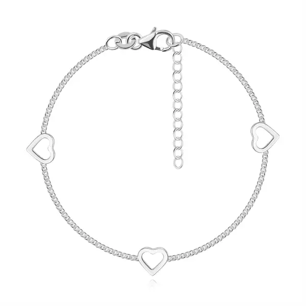 925 ezüst karkötő - három szív körvonal, metszett láncszemek