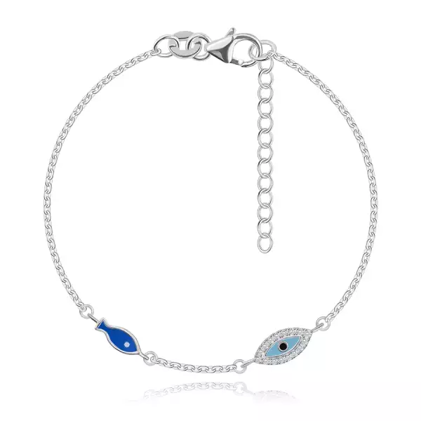 925 ezüst karkötő - mindent látó szem cirkóniákkal, kék halakkal