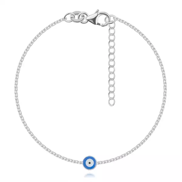 925 ezüst karkötő - Fatima szeme kék színben, lapos láncszemekkel