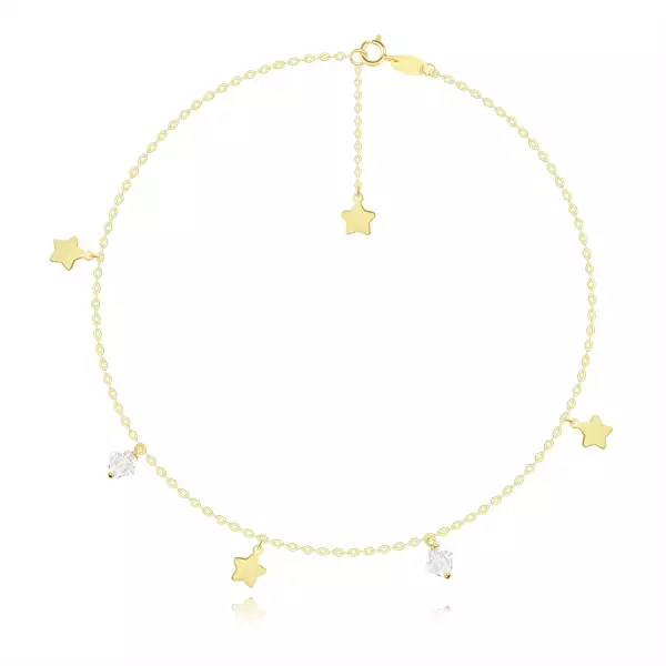9K sárga arany csukló vagy boka lánc- lapos csillagok, átlátszó Swarovski kristályok