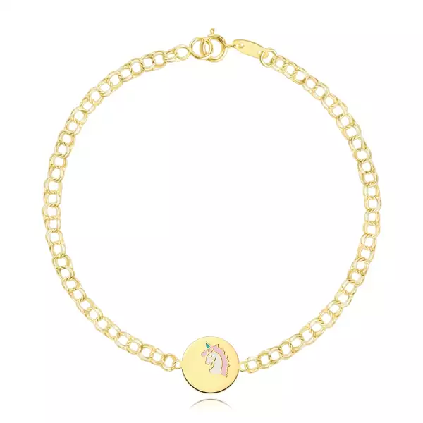 375 sárga arany gyerek karkötő - dupla láncszemek, lapos korong egyszarvúval