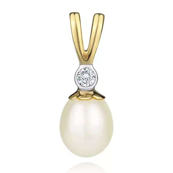 9K kombinált arany medál - fehér édesvízi gyöngy, átlátszó cirkónia