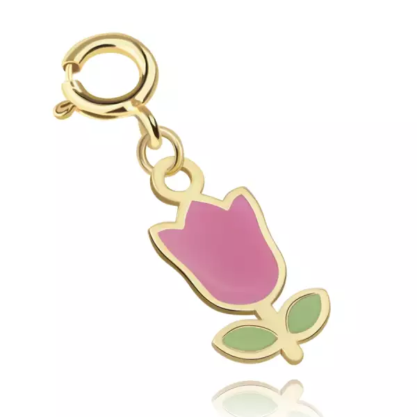 9K sárga arany medál – tulipán rózsaszín fejjel és zöld levelekkel