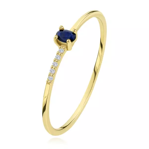 14K sárga arany gyűrű - öt átlátszó briliáns, ovális kék zafír - Nagyság_ 56