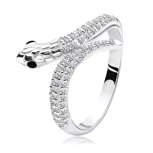 925 ezüst gyűrű - kígyó motívum, fekete szemek és átlátszó cirkóniás test - Nagyság_ 49