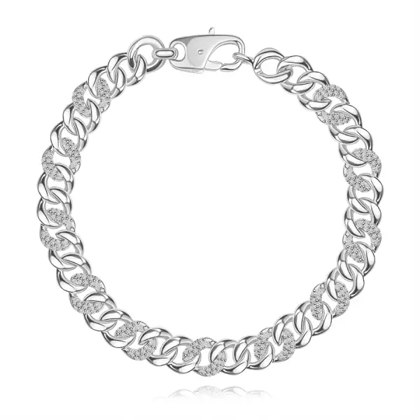 925 ezüst szélesebb karkötő - sima és cirkóniás elliptikus láncszemek