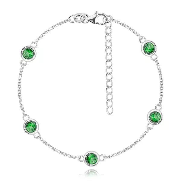 925 ezüst karkötő - kerek zöld cirkóniák, sima szegéllyel