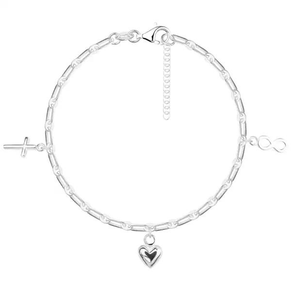 925 ezüst karkötő - kereszt, szív és végtelen szimbólum, hosszúkás láncszemek