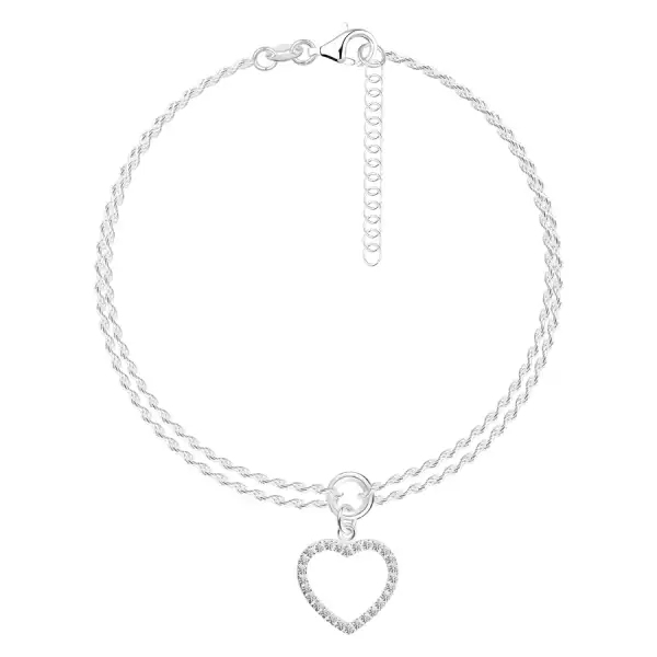 925 ezüst bokalánc - cirkoónia szív körvonal, dupla szingapúri lánc