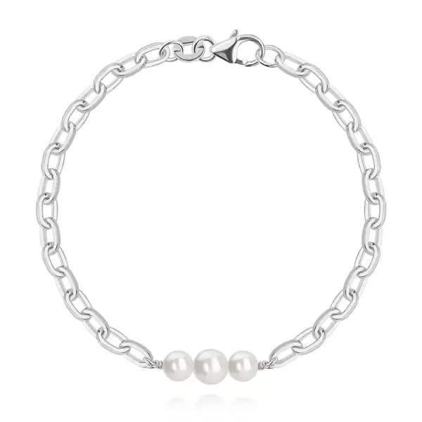 925 ezüst karkötő - fehér szintetikus Swarovski gyöngy, hosszúkás láncszemek