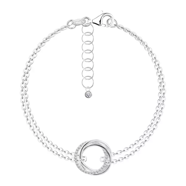 925 ezüst karkötő - három átfűzött kör, átlátszó cirkóniák, dupla láncon