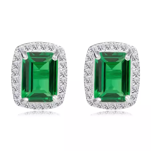 925 Silver earrings - green rectangular zircon, clear zircon edge
