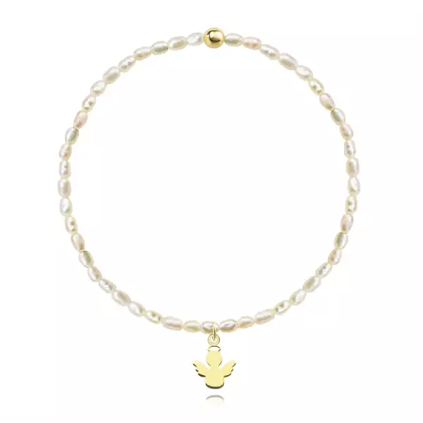 Rugalmas gyöngy karkötő - angyal és 14K sárga arany golyó, édesvízi gyönggyel
