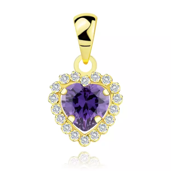 9K sárga arany medál - szív lila cirkóniával, átlátszó cirkóniás szegéllyel