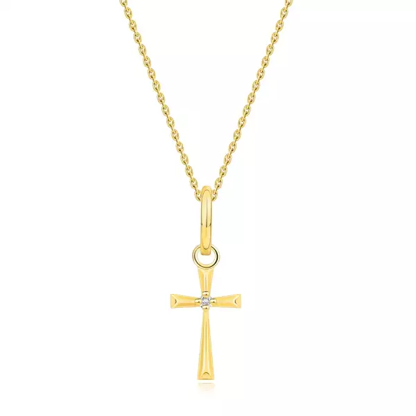 375 sárga arany nyaklánc - kereszt háromszög alakú vállakkal, átlátszó briliánssal