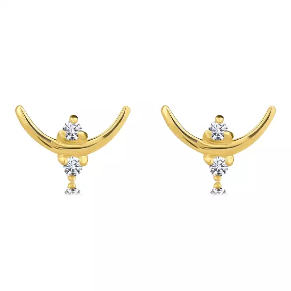 14K sárga arany fülbevaló - ív, kerek briliánsokkal, három foggal ellátott tartóban