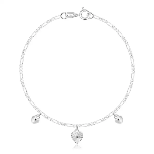 925 ezüst karkötő - szív sugár alakú bevágásokkal, kisebb sima szívekkel