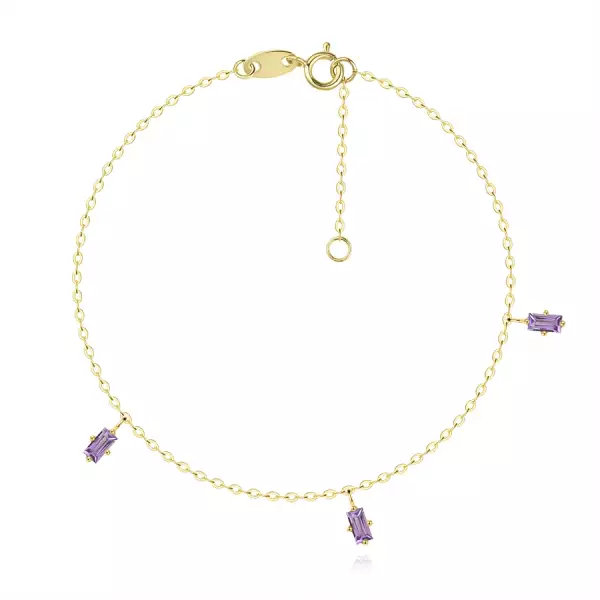 14K sárga arany karkötő - téglalap alakú természetes lila ametiszt 