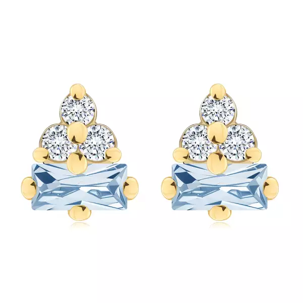 9K sárga arany fülbevaló – kék téglalap alakú cirkónia, három átlátszó kerek