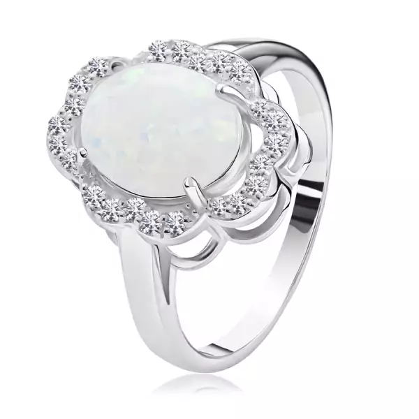 925 ezüst gyűrű - ovális fehér szintetikus opál, cirkónia szél - Nagyság_ 49