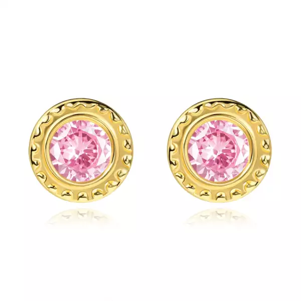 14K arany fülbevaló rózsaszín cirkóniával és díszes szegéllyel