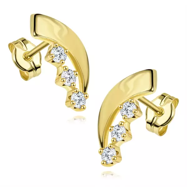 14 karátos arany fülbevaló aszimmetrikus ívvel és cirkónia vonallal
