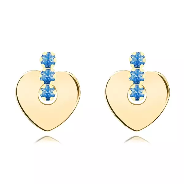 14 karátos arany fülbevaló szívvel és kék cirkóniákkal egy vonalban
