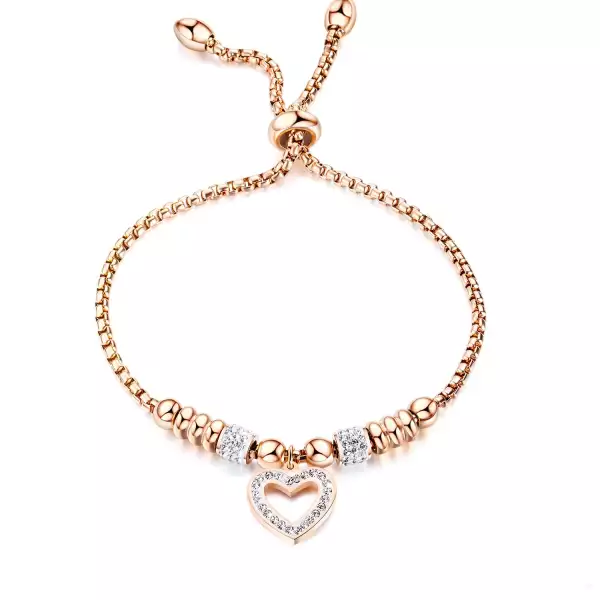 Állítható acél karkötő, réz színű - egy szív cirkonokkal, fényes gyöngyökkel