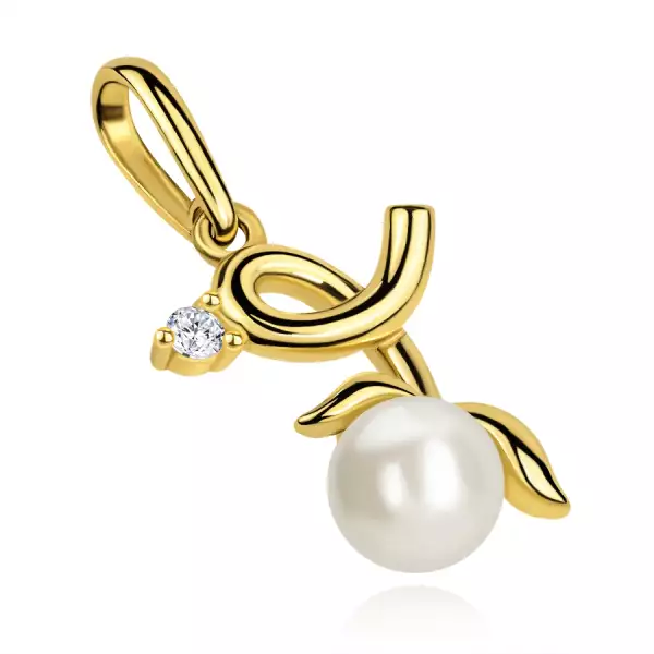 9 karátos arany medál, ág formájú, cirkóniával és fehér tenyésztett gyönggyel