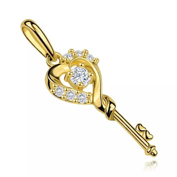 9 karátos arany kulcsmedál szív formájú fejjel, tiszta cirkóniákkal