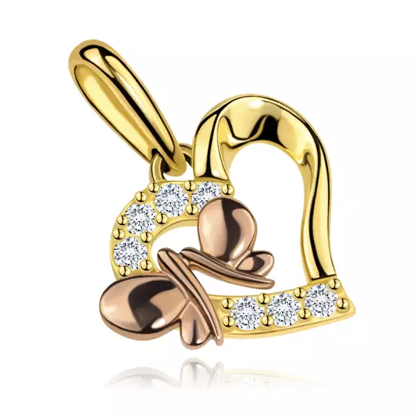 9K arany medál szívmotívummal, két pillangóval és tiszta cirkóniákkal