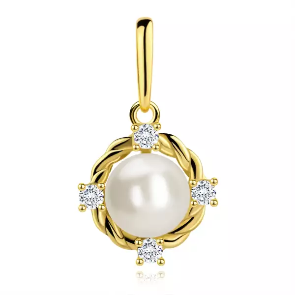 9 karátos arany spirálmintás medál, tenyésztett gyöngy, cirkónia