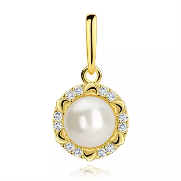 9 karátos arany medál tenyésztett gyönggyel, cirkóniákkal és szívekkel