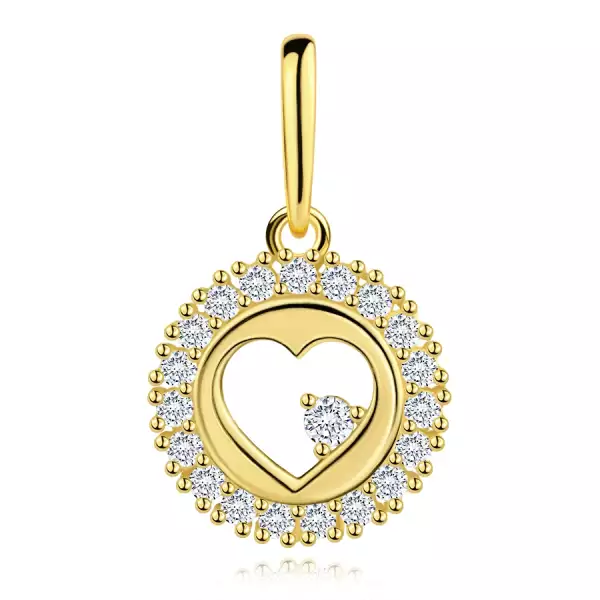 9 karátos sárgaarany medál kör alakban szívvel és cirkóniával