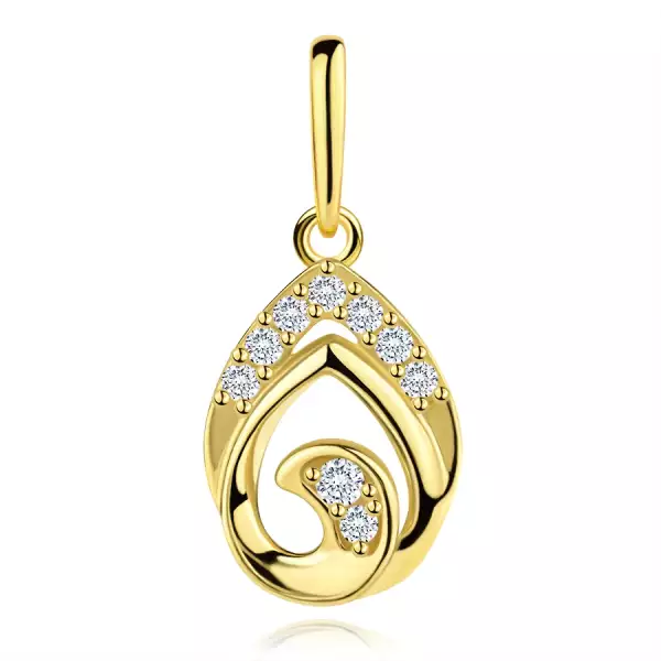 9 karátos sárgaarany medál, dupla könnycsepp alakú, hullámos és cirkónia kövekkel
