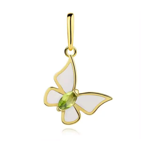 9 karátos arany pillangó medál fehér mázzal és zöld cirkóniával