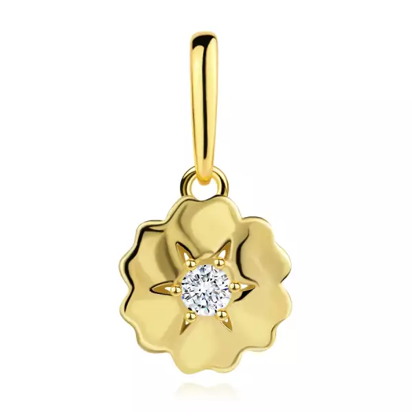 9 karátos sárgaarany medál virág formájú, hullámos szirmokkal és átlátszó cirkóniával