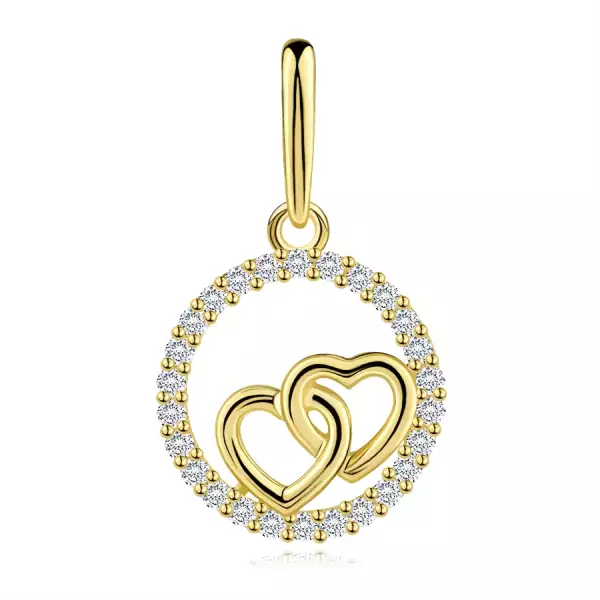 Kerek medál 9 karátos sárga aranyból, összekapcsolt szívekkel és cirkóniával