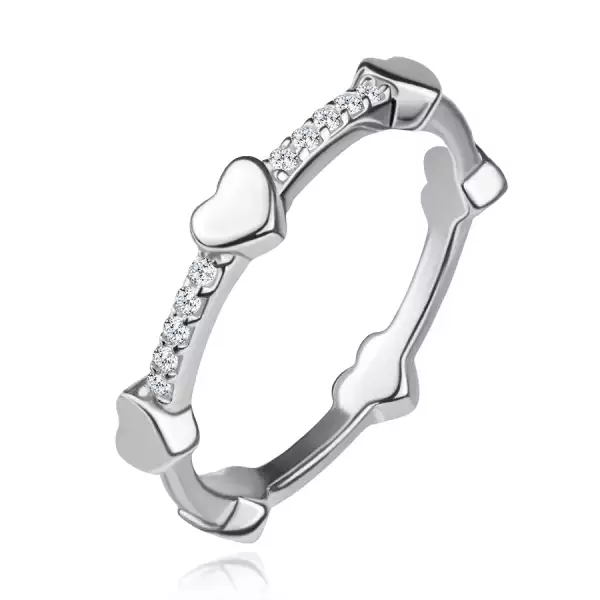 925 ezüst gyűrű szívekkel és átlátszó cirkóniákkal - Nagyság_ 56