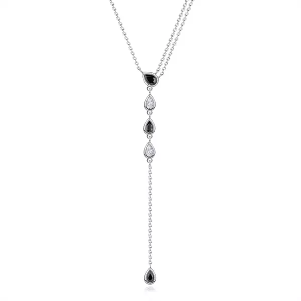 Ezüst 925 Y-nyaklánc fekete és átlátszó, csepp alakú cirkóniákkal