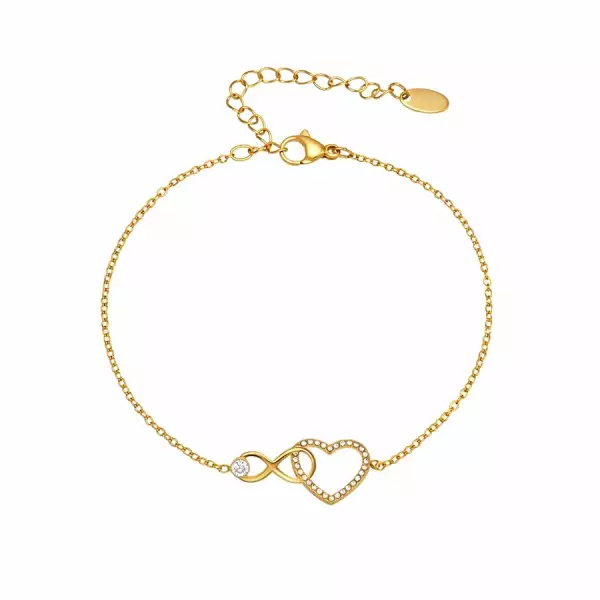 Aranyszínű nemesacél karkötő szívvel, végtelen szimbólum, cirkónia